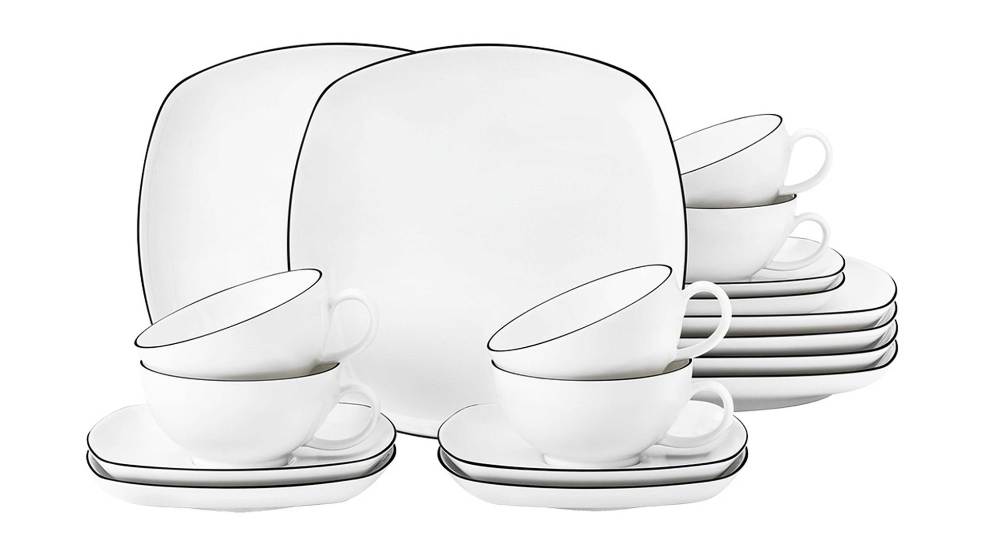 Teeservice Seltmann aus Porzellan in Weiß Seltmann Teeservice Lido mit eckigen Tellern weißes Porzellan - 18-teilig, große Tassen