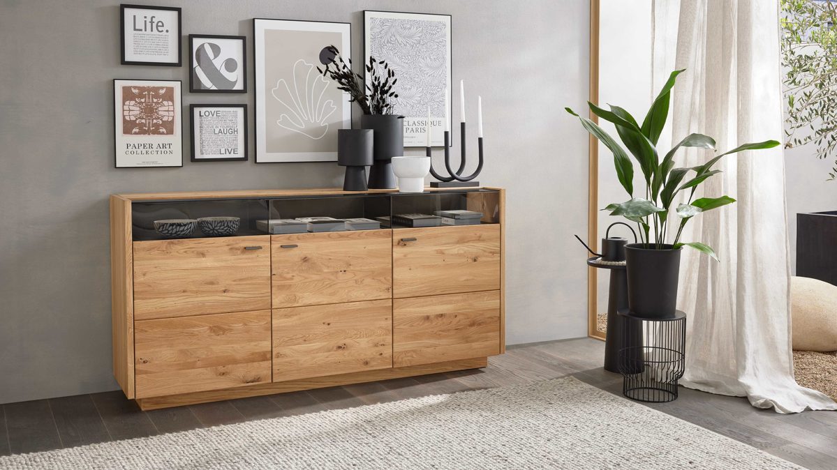 Sideboard Interliving aus Holz in Holzfarben Interliving Wohnzimmer Serie 2027 - Sideboard Asteiche - drei Türen,  Länge ca. 186 cm
