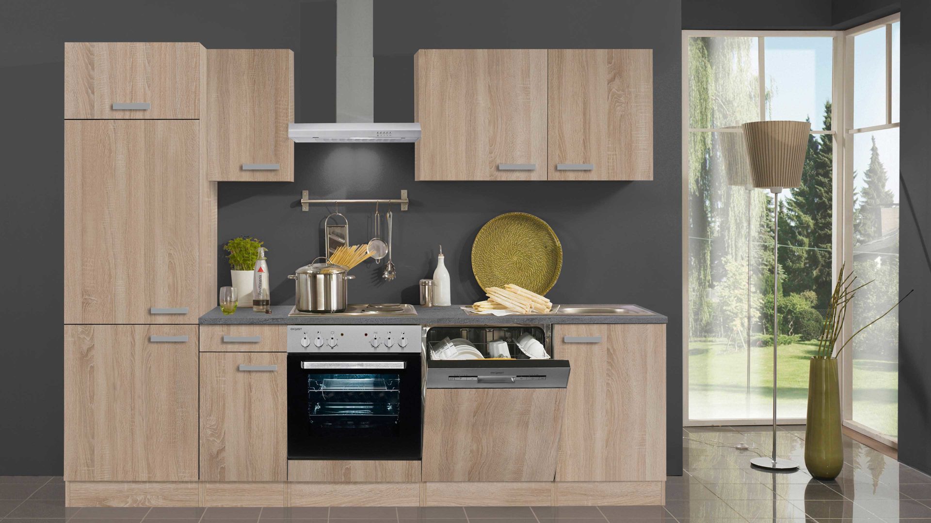 Küchenzeile Optifit aus Holz in Holzfarben Küchenzeile eichefarbene & graue Kunststoffoberflächen – Länge ca. 270 cm