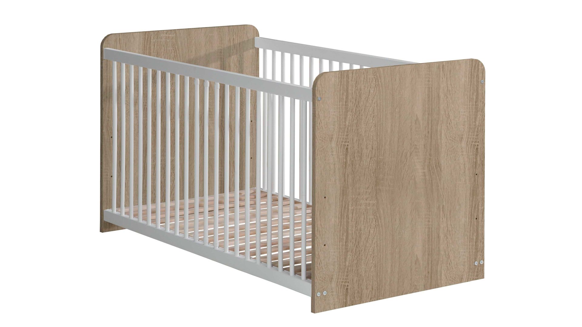 Babybett Forte aus Holz in Holzfarben Babybettgestell Sonoma eichefarbene & weiße Kunststoffoberflächen – Liegefläche ca. 70 x 140 cm