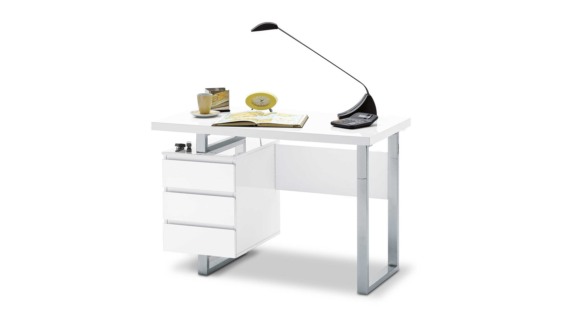 Computertisch Mca furniture aus Holz in Weiß Schreibtisch bzw. Bürotisch auch für kleine Büros  verchromtes Gestell & weiße Hochglanzoberflächen – ca. 115 x  60 cm