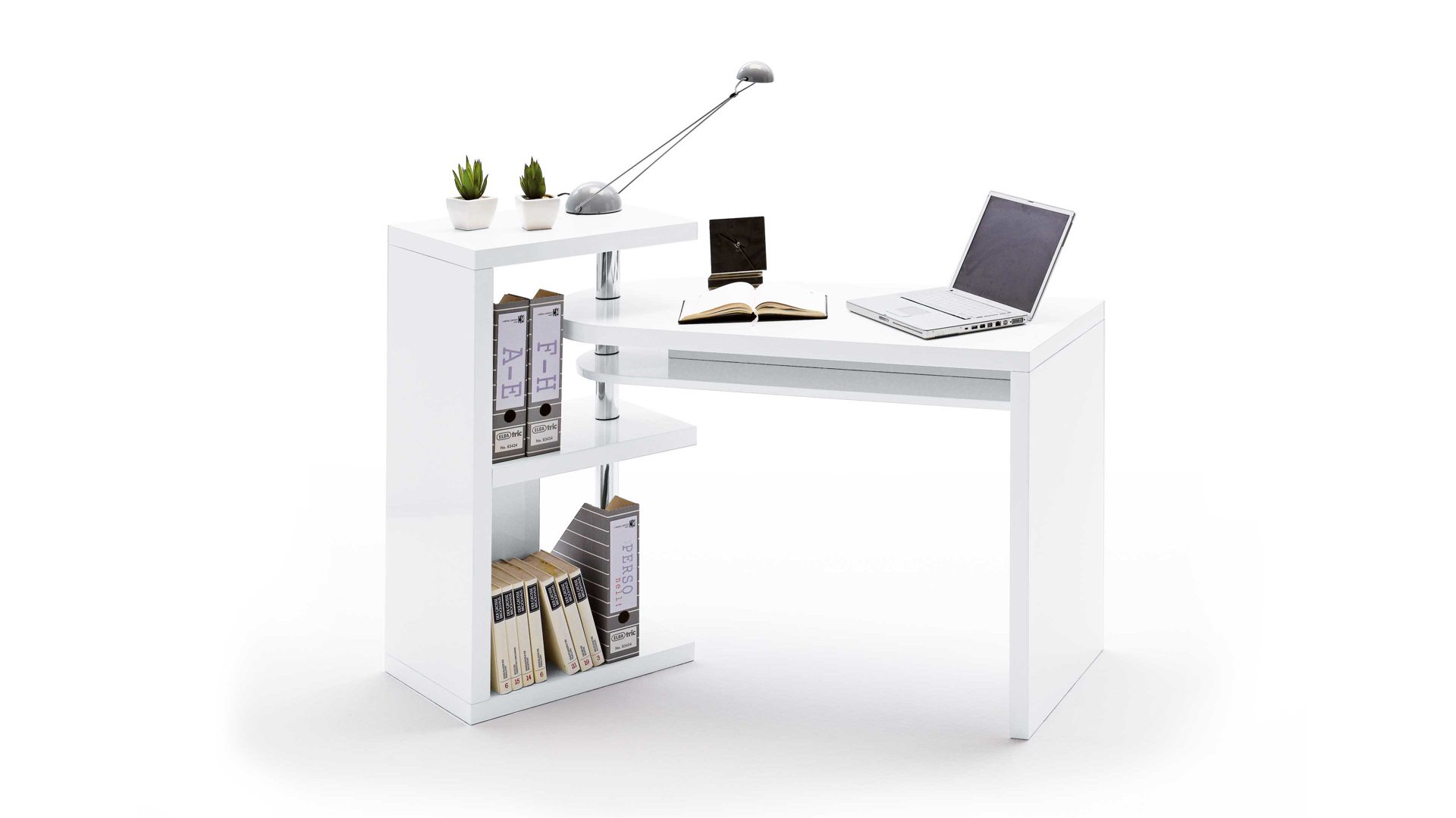 Schreibtisch Mca furniture aus Holz in Weiß Schreibtisch-Kombination für komfortable Büroeinrichtungen weiße Hochglanzoberflächen – ca. 145 x 94 x 50 cm