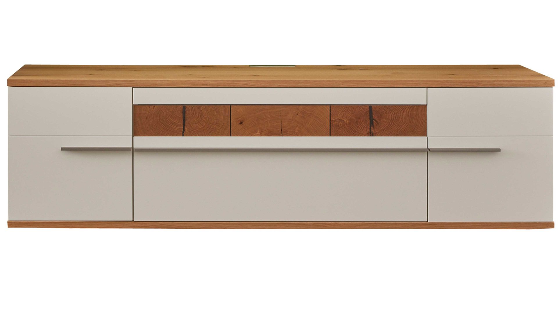 Lowboard Gwinner aus Holz in Weiß GWINNER Wohnprogramm Atena – Lowboard weißer Lack & Balkeneiche – zwei Türen, eine Schublade