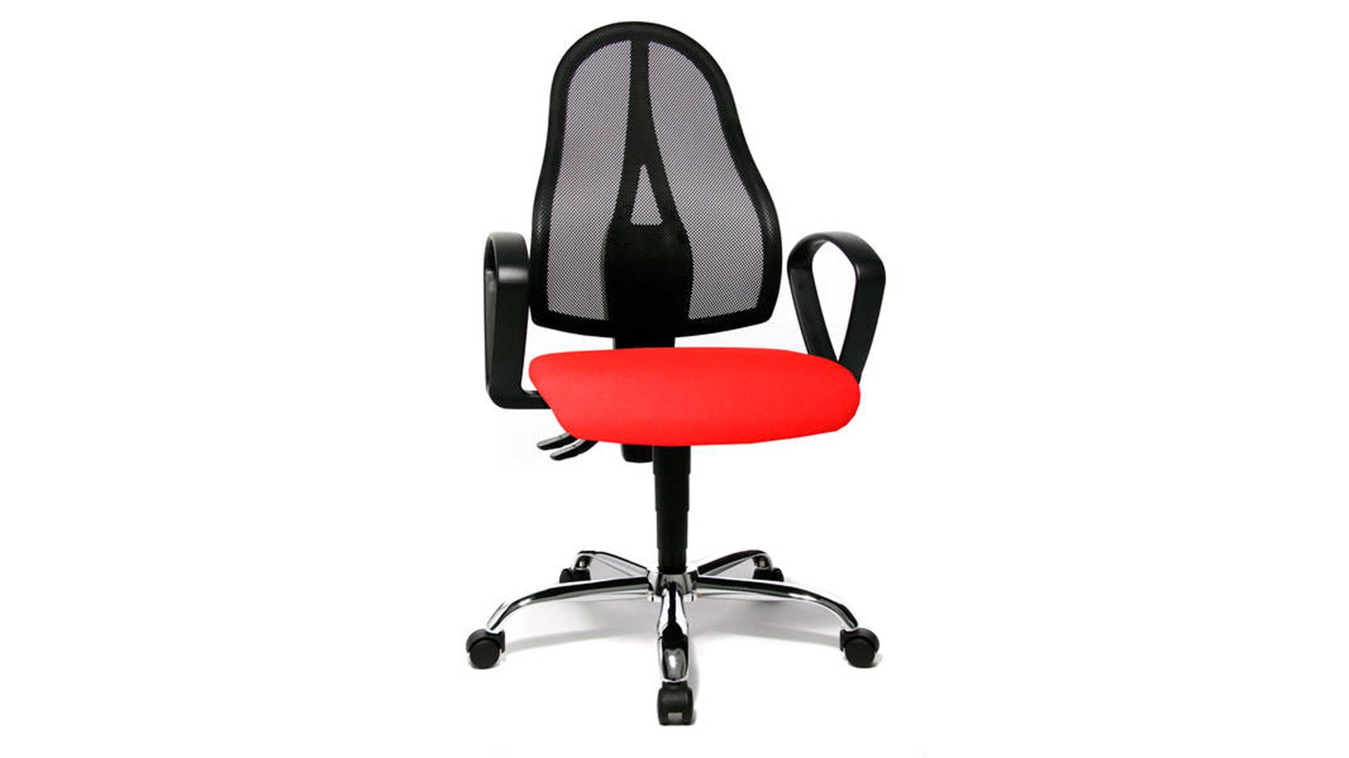 Drehstuhl orthoSedis aus Stoff in Rot Drehstuhl orthoSedis 20 als ergonomisches Büromöbel  roter Sitzbezug G21 & schwarze Netzbespannung, verchromtes Drehkreuz