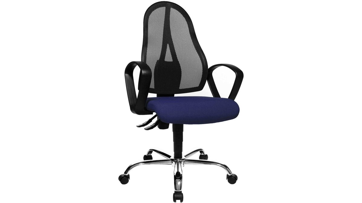 Drehstuhl orthoSedis aus Stoff in Blau Drehstuhl orthoSedis 20 als ergonomisches Büromöbel  blauer Sitzbezug G26 & schwarze Netzbespannung, verchromtes Drehkreuz