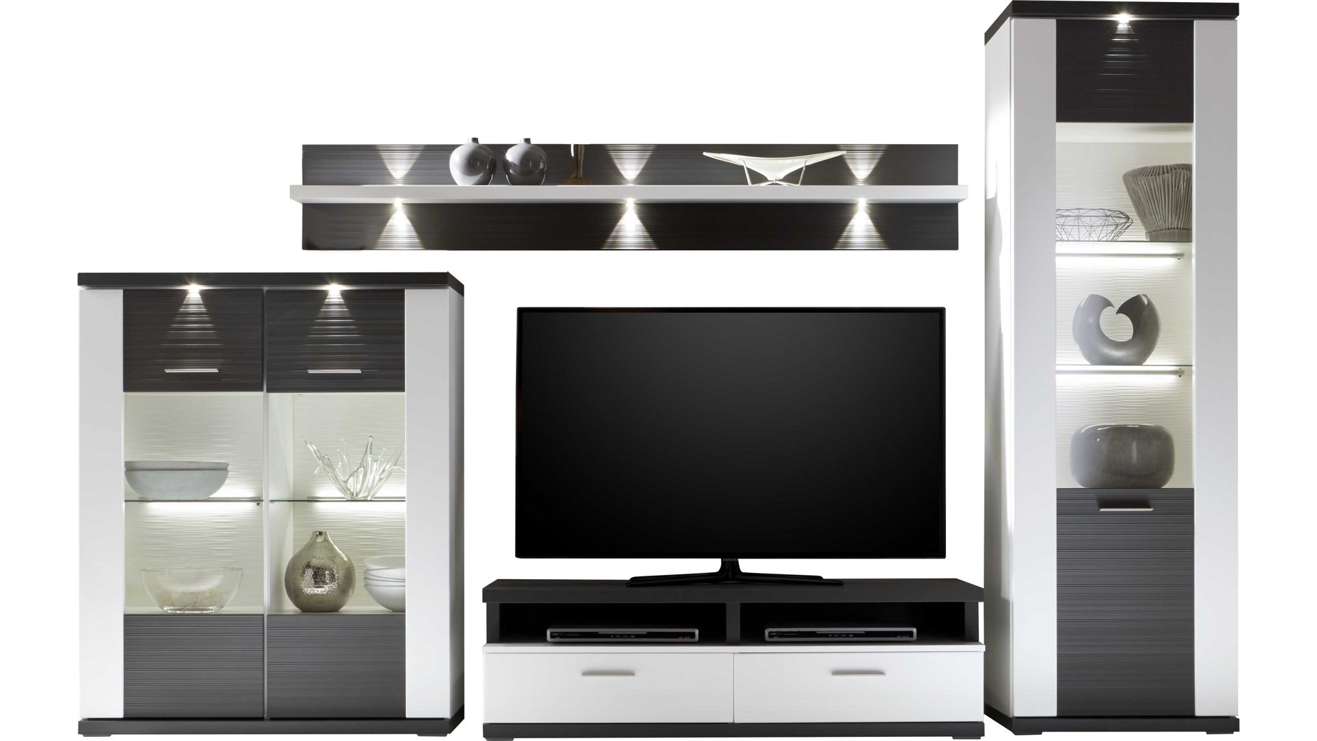 Wohnwand Ideal möbel aus Holz in Grau Wohnkombination Manhattan - Wohnwand mit TV-Aufsatz Weiß & Graphit – fünfteilig, Breite ca. 330 cm