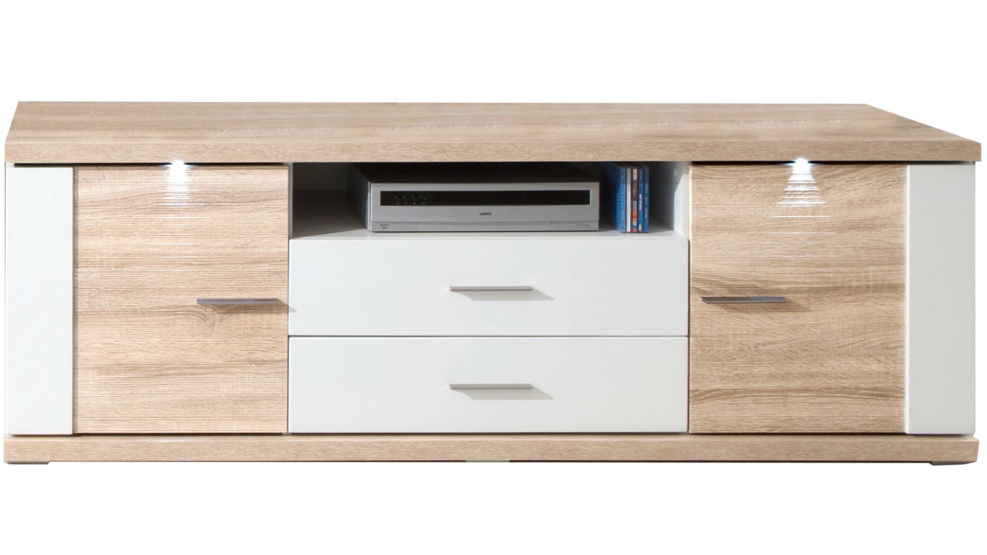 Lowboard Ideal möbel aus Holz in Holzfarben Medien-Lowboard Manhattan Weiß & Eiche sägerau – zwei Türen, zwei Schubladen, Länge ca. 179 cm
