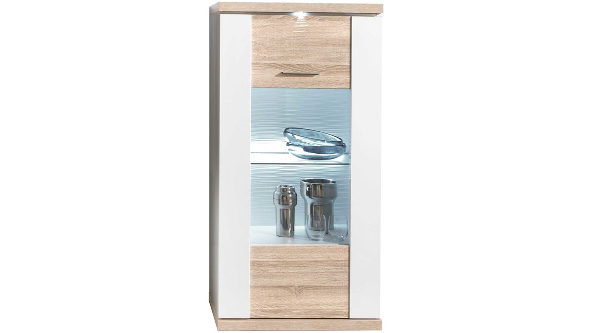 Vitrine Ideal möbel aus Holz in Holzfarben Highboard-Vitrine Manhattan Eiche sägerau & Arcticweiß – eine  Tür,  links