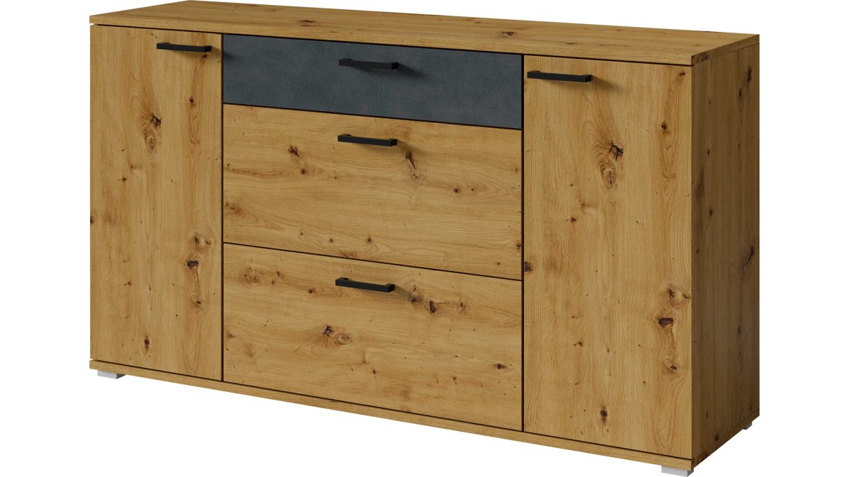 Sideboard Helvetia aus Holz in Grau Wohnprogramm Moreno – Sideboard Eiche Artisan & Matera grau – zwei Türen & drei Schubladen