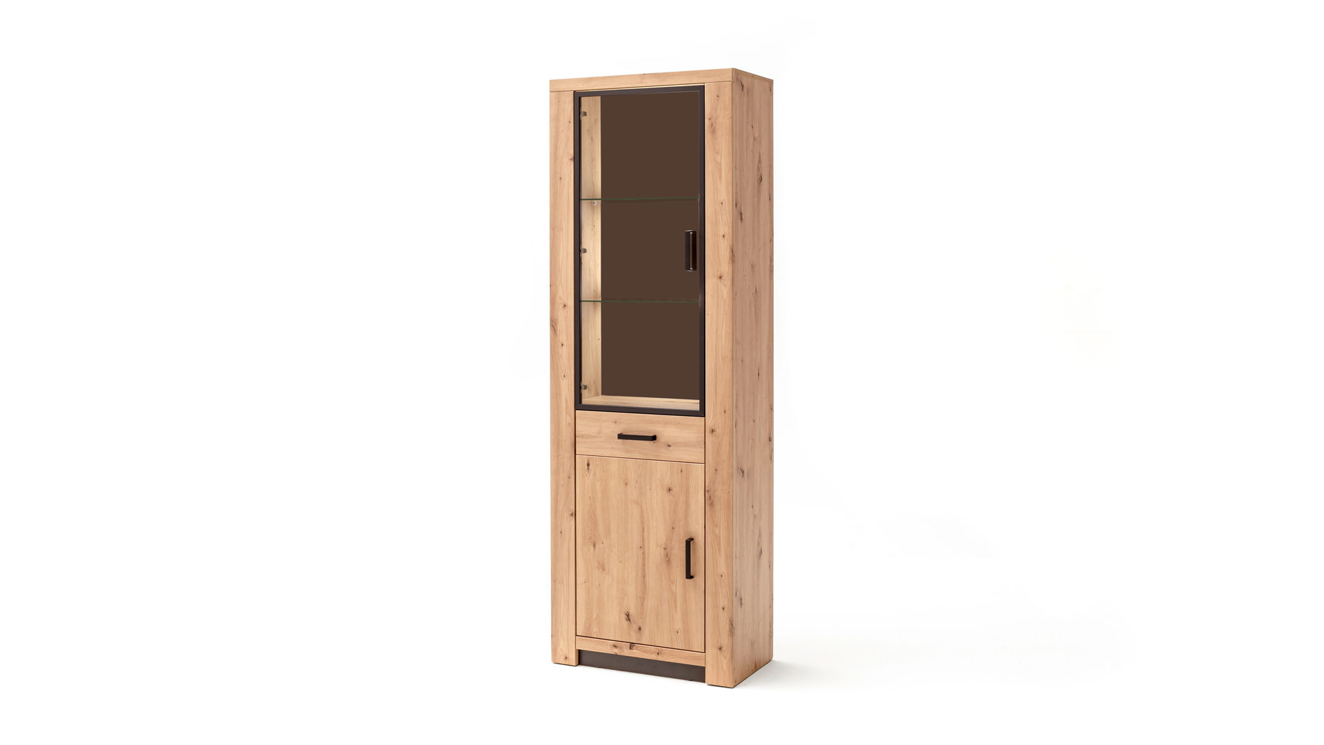Vitrine Mca furniture aus Holz in Holzfarben Wohnprogramm Brüssel – Vitrine Balkeneiche & Anthrazit – zwei Türen, eine Schublade