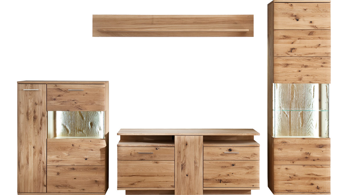 Wohnwand Mca furniture aus Holz in Holzfarben Wohnprogramm Santori - Wohnwand Eiche & Asteiche – vierteilig, Breite ca. 320 cm