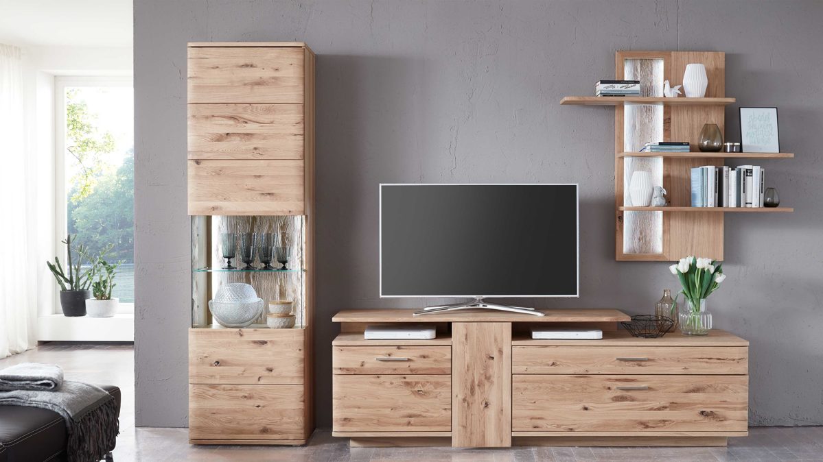 Wohnwand Mca furniture aus Holz in Holzfarben Wohnprogramm Santori - Wohnwand Eiche & Asteiche – dreiteilig, Breite ca. 320 cm