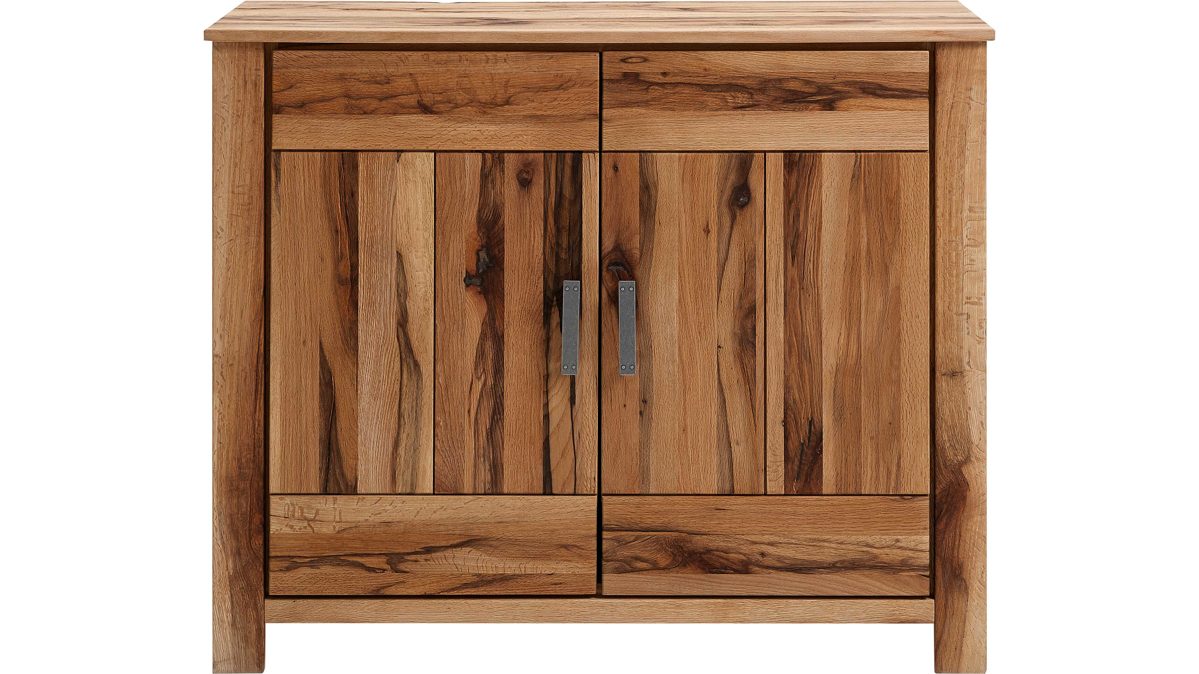 Türenkommode Famos sa aus Holz in Holzfarben Massivholzmöbel bzw. Türenkommode Burgund geölte Wildeiche mit Wuchsrissen – zwei Türen