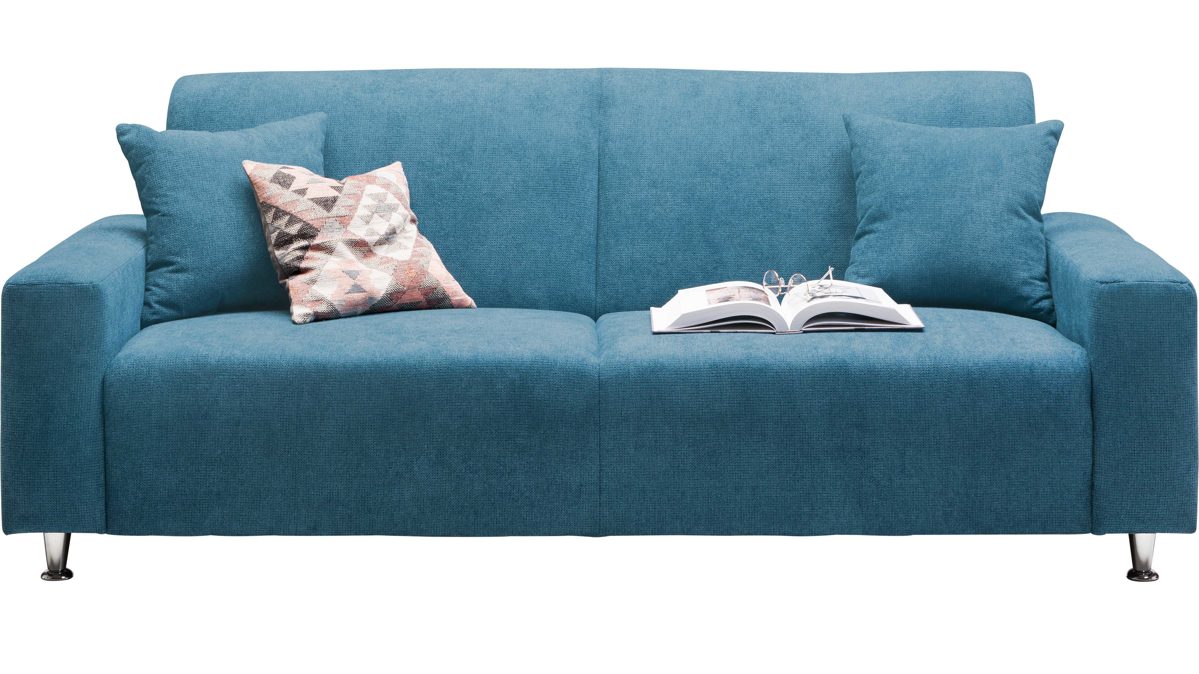 Dreisitzer Iwaniccy aus Stoff in Blau Dreisitzer Sofa Julia mit Bonnellfederkern azurblaue Mikrofaser Boston & Chromfüße – Länge ca. 201 cm