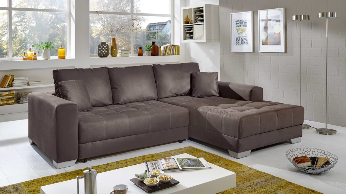 Ecksofa KAWOO aus Stoff in Dunkelbraun KAWOO Ecksofa Merlin mit Nosagunterfederung brauner Bezug Hero 15 & silberfarbene Holzfüße – Stellfläche ca. 262 x 200 cm