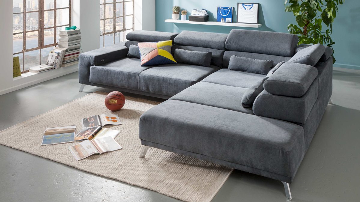 Ecksofa KAWOO aus Stoff in Grau KAWOO Funktions-Ecksofa Wave - Polsterecke grauer Bezug Rocco 102 & Metallfüße – Stellfläche ca. 314 x 229 cm