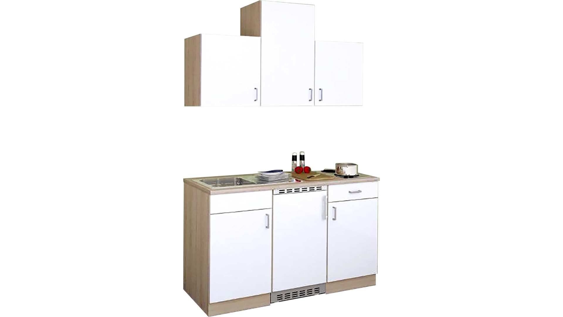 Einbauküche Menke kuec aus Holz in Weiß Singleküche mit Elektrogeräten Weiß & Sonoma Eiche – Länge ca. 150 cm