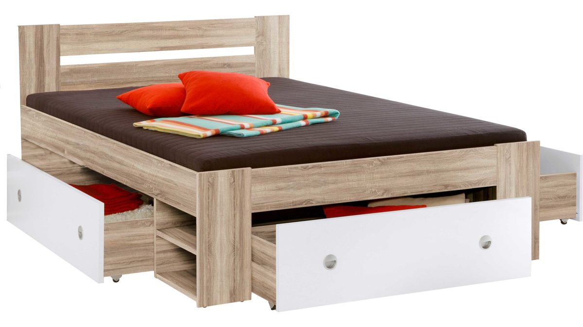 Funktionsbett Pol-power aus Holz in Holzfarben Funktionsbettgestell San Remo Eiche & Weiß – Liegefläche ca. 140 x 200 cm