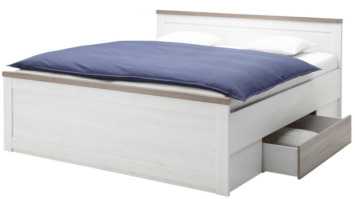 Doppelbett Pol-power aus Holz in Weiß Bettgestell mit Nachtkommoden weiße pinien- & trüffelfarbene Kunststoffoberflächen -  Liegefläche ca. 180 x 200 cm