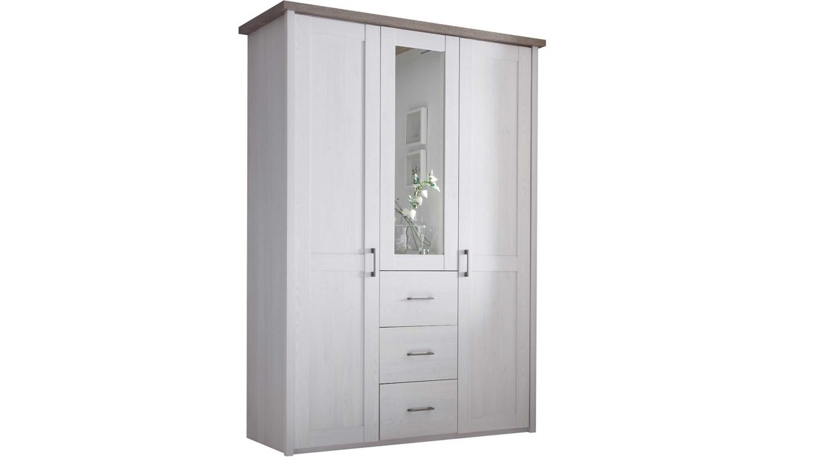 Kleiderschrank Pol-power aus Holz in Weiß Kleiderschrank weiße Pinie & Trüffel -  drei Türen, drei Schubladen