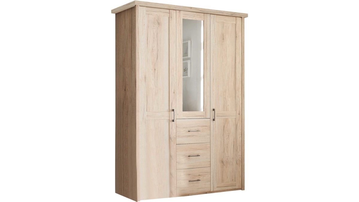 Kleiderschrank Pol-power aus Holz in Holzfarben Kleiderschrank San Remo Eiche - Breite ca. 150 cm, drei Türen, drei Schubladen