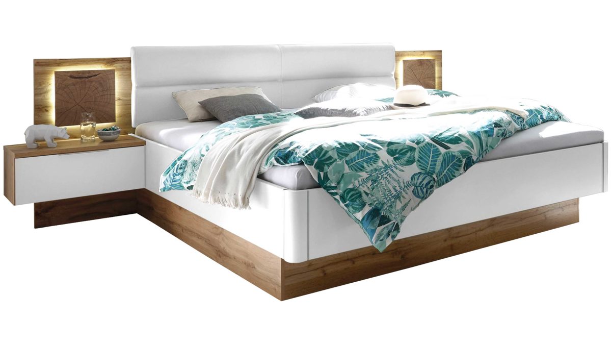Doppelbett Pol-power aus Holz in Weiß Bettgestell mit Nachtkommoden Weiß & Wildeiche – Liegefläche ca. 180 x 200 cm