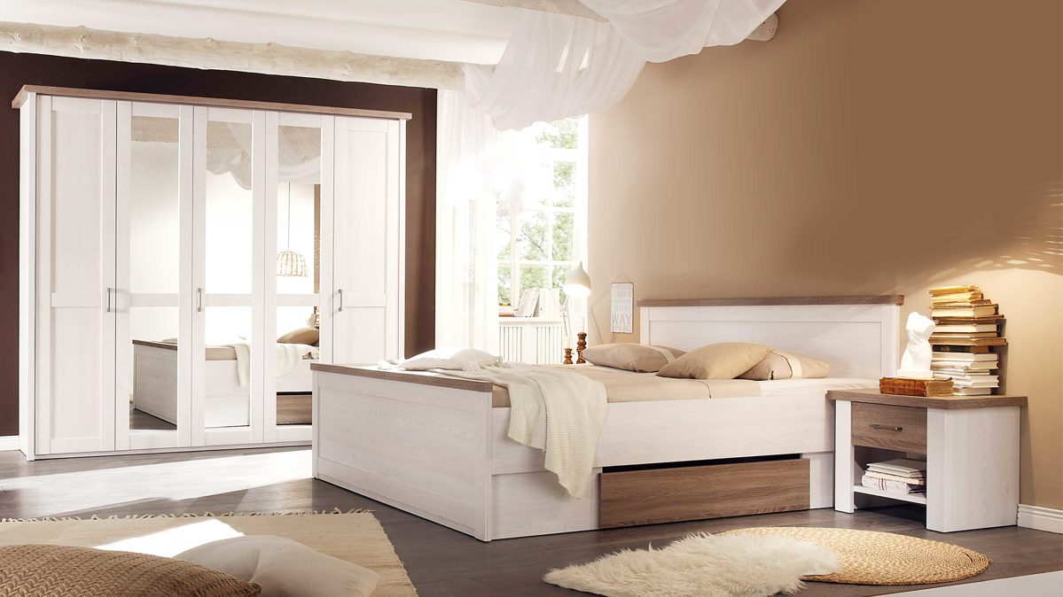 Komplettzimmer Pol-power aus Holz in Weiß Schlafzimmerkombination weiße pinien- & trüffelfarbene Kunststoffoberflächen -  vierteilig