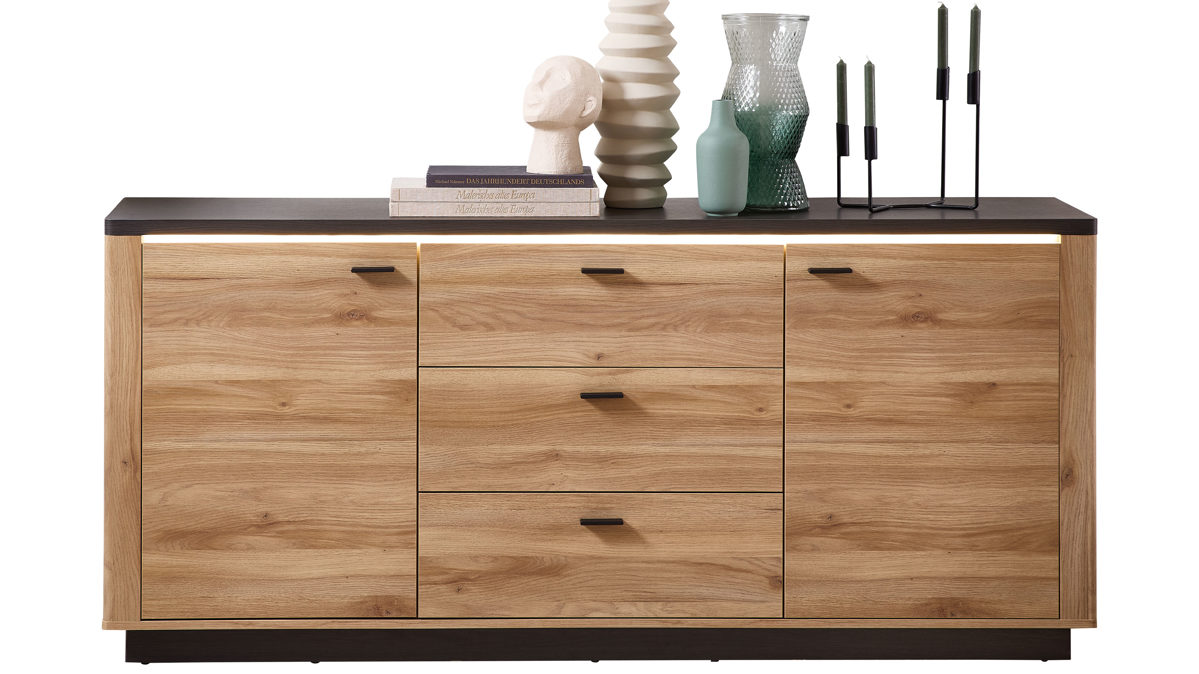 Sideboard Innostyle aus Holz in Holzfarben Wohnzimmer Serie Tina - Sideboard Mauvella Eiche & Carbon - ca. 185 x 84 cm