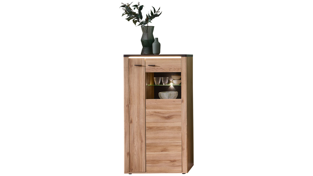 Vitrine Innostyle aus Holz in Holzfarben Wohnzimmer Serie Tina - Highboard mit Beleuchtung Mauvella Eiche & Carbon - ca. 80 x 146 cm