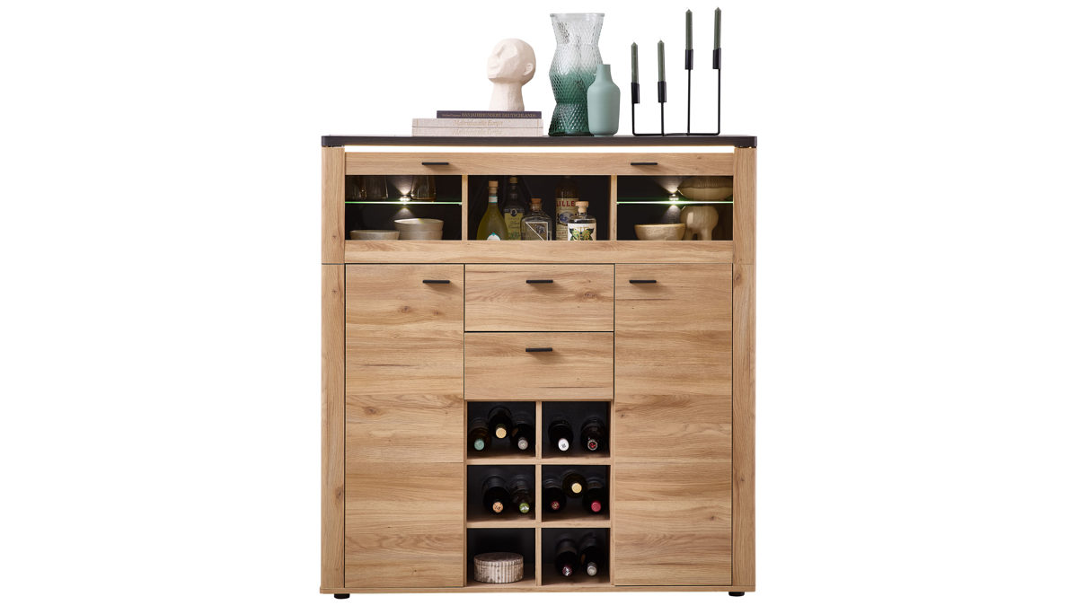 Vitrine Innostyle aus Holz in Holzfarben Wohnzimmer Serie Tina - Highboard mit Beleuchtung Mauvella Eiche & Carbon - ca. 130 x 132 cm