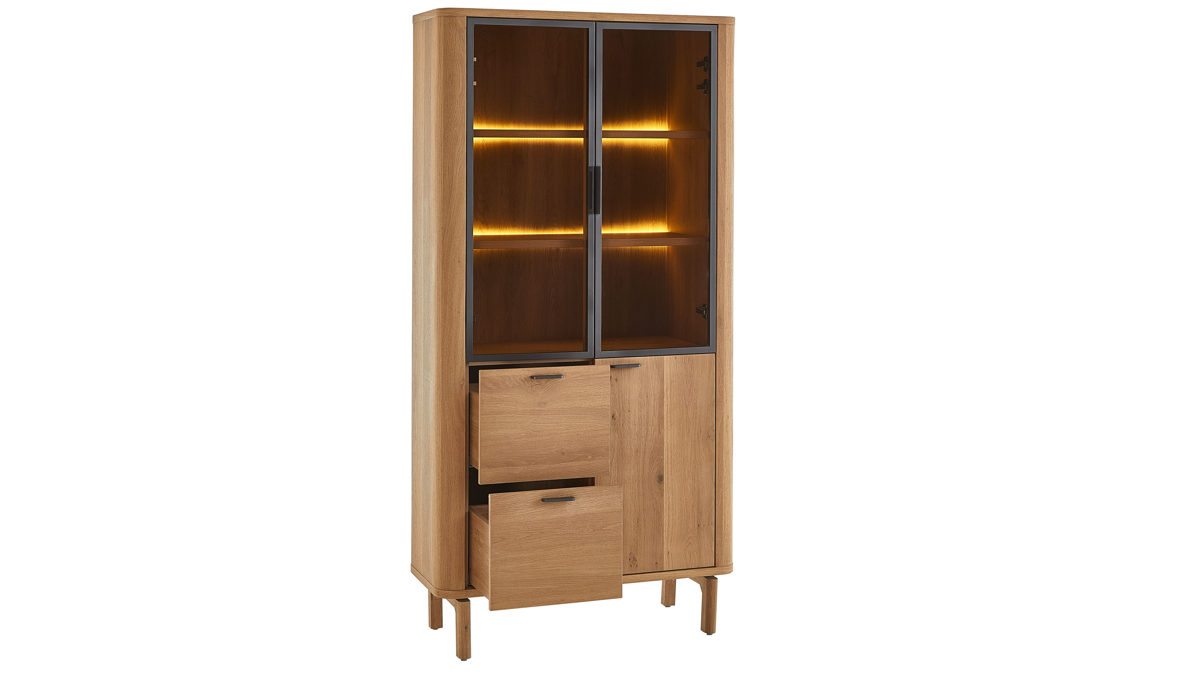 Vitrine WOODS & TRENDS aus Holz in Holzfarben WOODS & TRENDS Esszimmer Serie Zade - Vitrine mit Beleuchtung Eiche & Glas - drei Türen, zwei Schubladen, ca. 100 x 200 cm