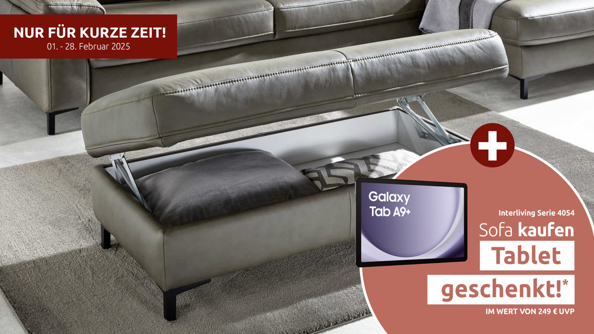 Funktionshocker Interliving aus Leder in Grau Interliving Sofa Serie 4054 – Funktionshocker XXL HoF steingrauer LongLife-Leder Vivre & schwarze Metallfüße – ca. 130 x 60 cm