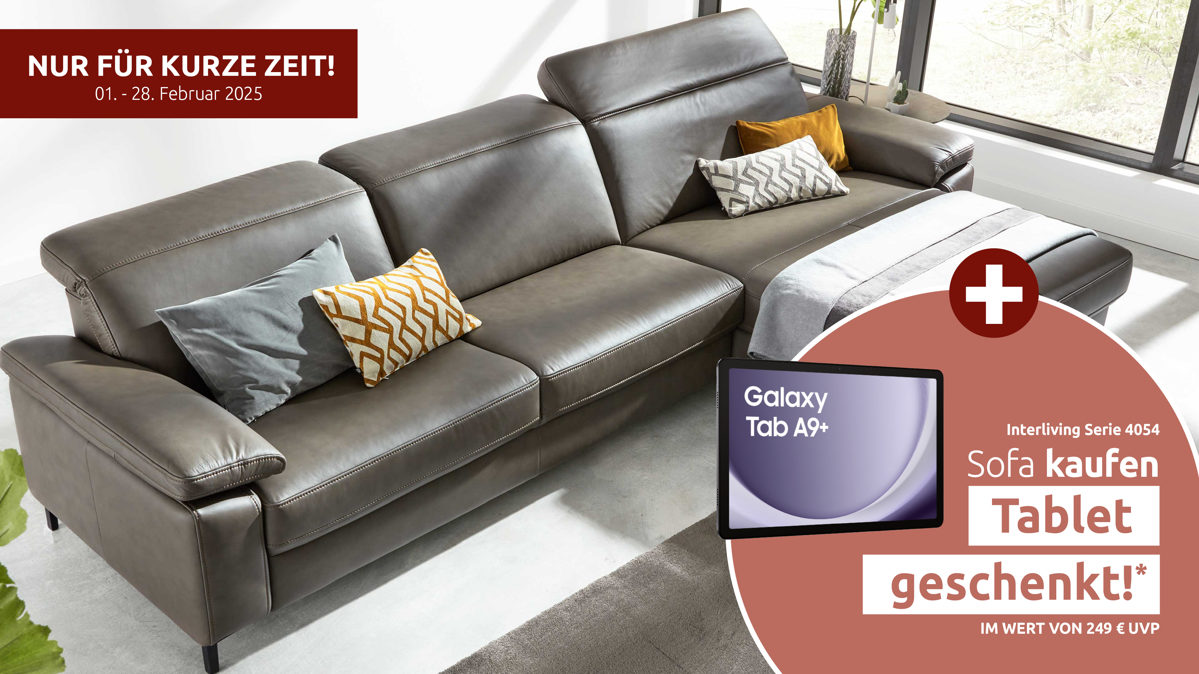 Ecksofa Interliving aus Leder in Grau Interliving Sofa Serie 4054 – Ecksofa steingrauer LongLife-Leder Vivre & schwarze Metallfüße – Stellfläche ca. 176 x 347 cm