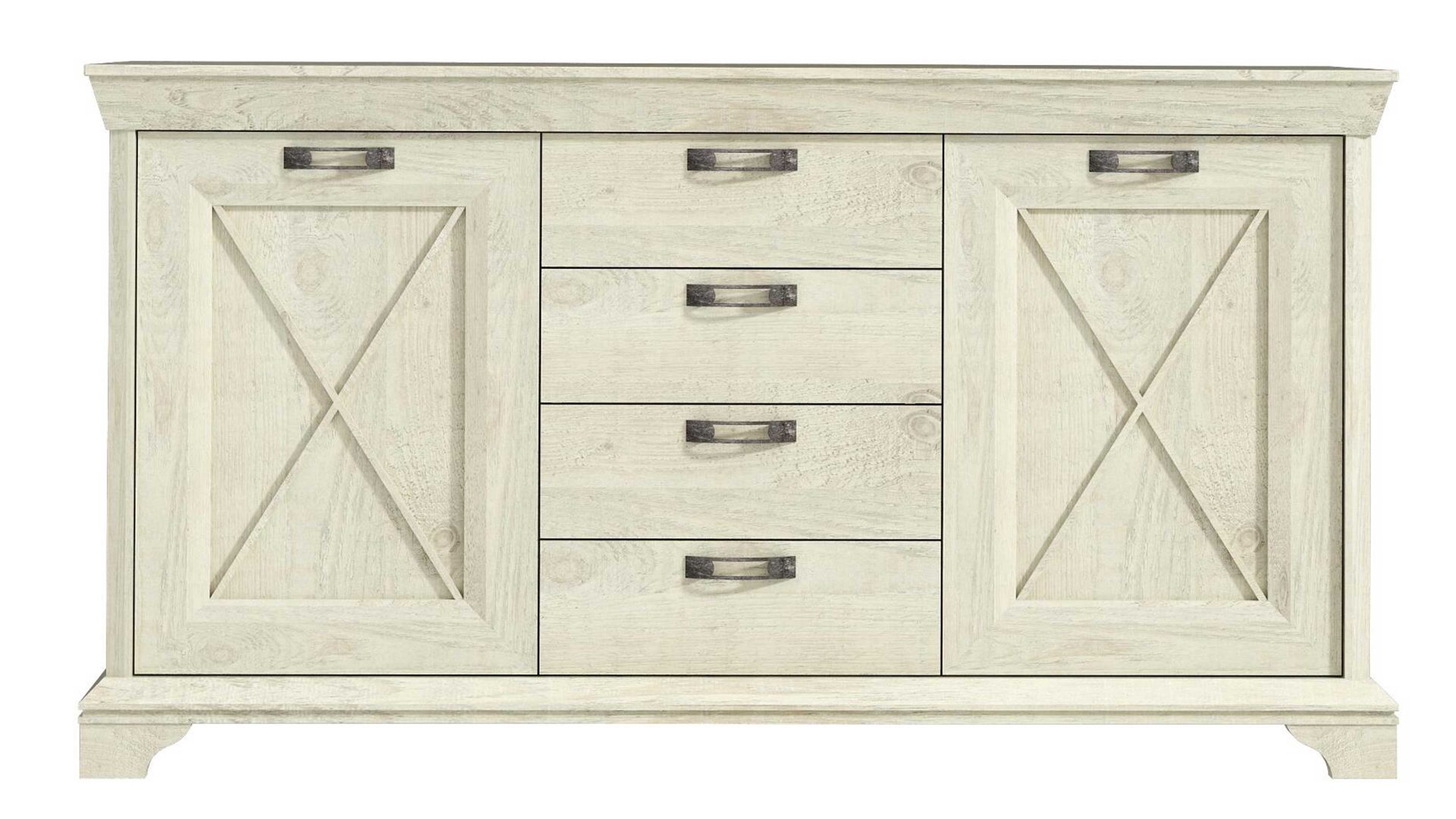 Sideboard Forte aus Holz in Weiß Sideboard Kashmir Pinie Weiß -  zwei Türen, vier Schubladen