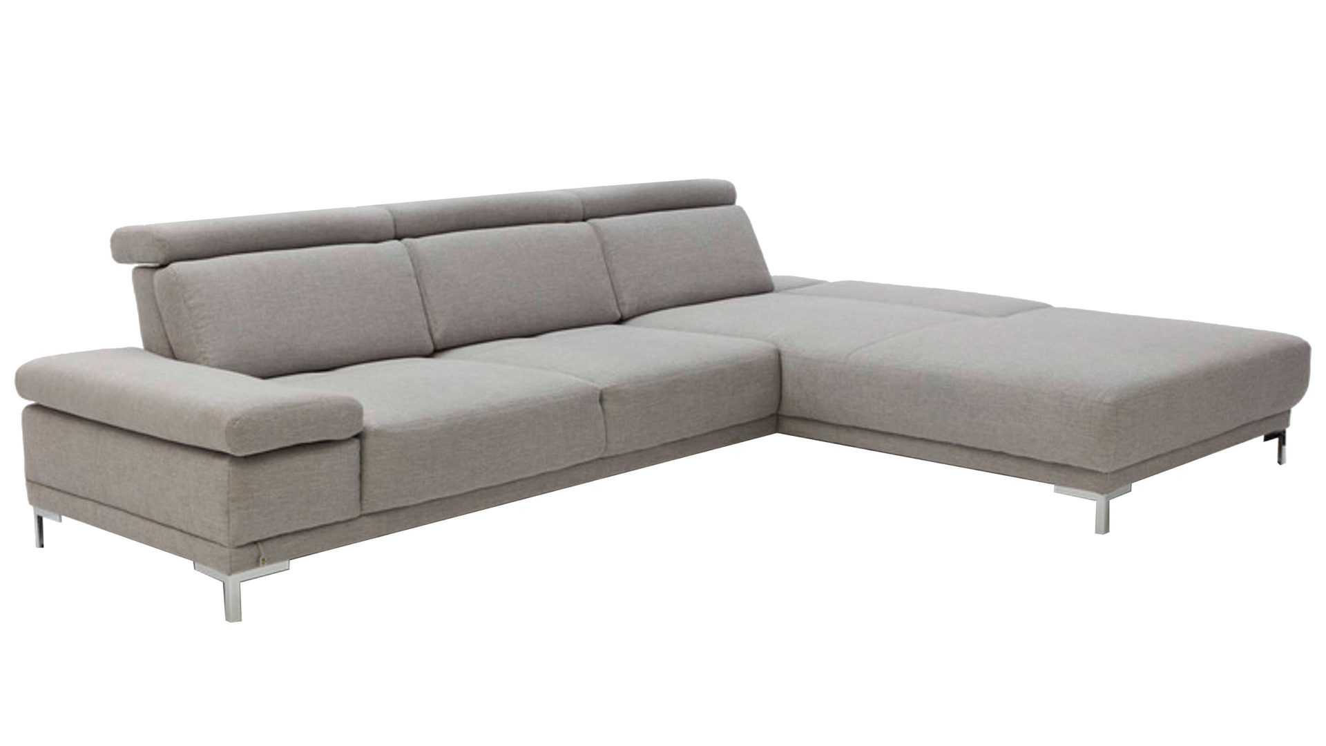 Ecksofa Interliving aus Stoff in Grau Interliving Sofa Serie 4251 – Ecksofa mit Funktionen platinfarbener Bezug Active Line Vaneo 07  & silberfarbene Metallfüße – Stellfläche ca. 300 x 225 cm