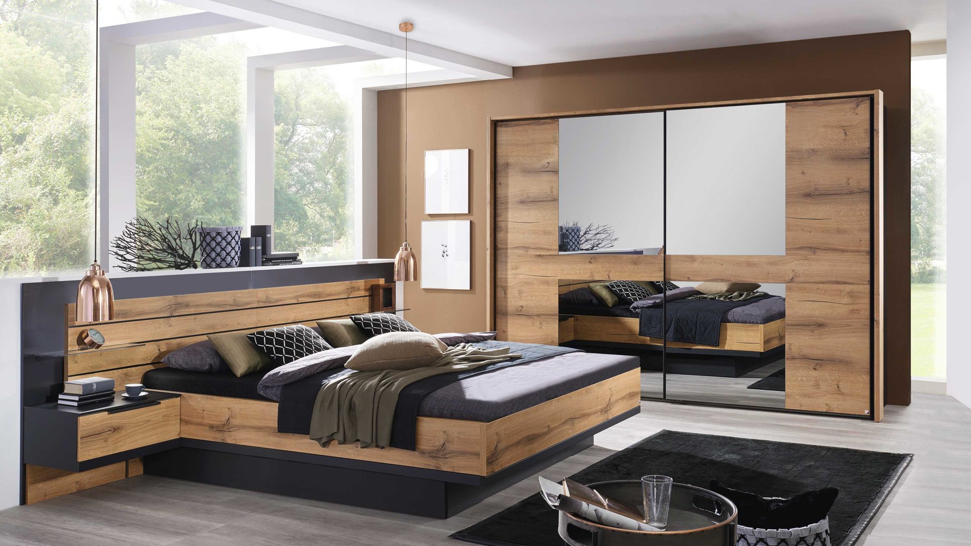 Komplettzimmer Möbelwerke mastershausen aus Holz in Holzfarben rauch BLACK Komplettzimmer Ventura Plus Atlantik Eiche & Schwarz – vierteilig