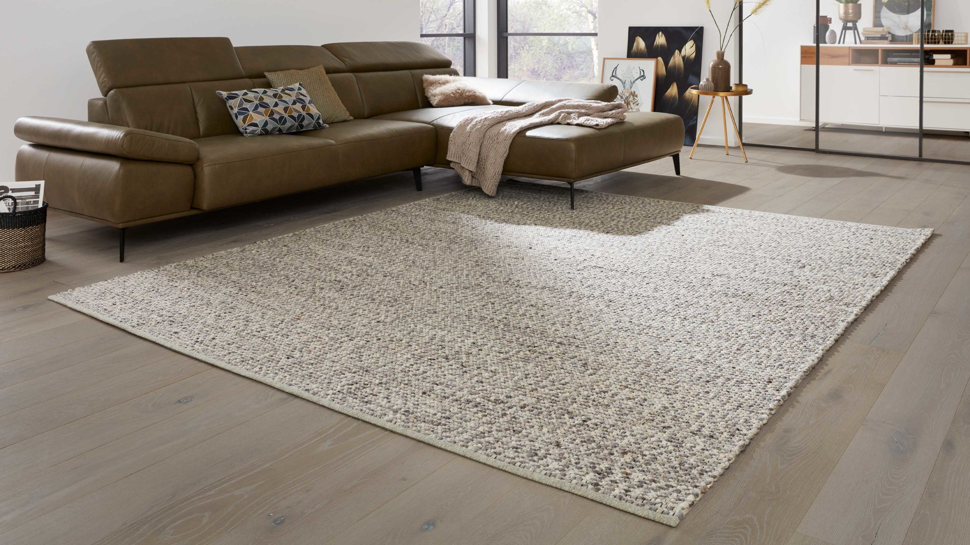 Handwebteppich Interliving aus Naturfaser in Hellgrau Interliving Teppich Serie B-8001 steinfarbene Schurwolle – ca. 140 x 190 cm