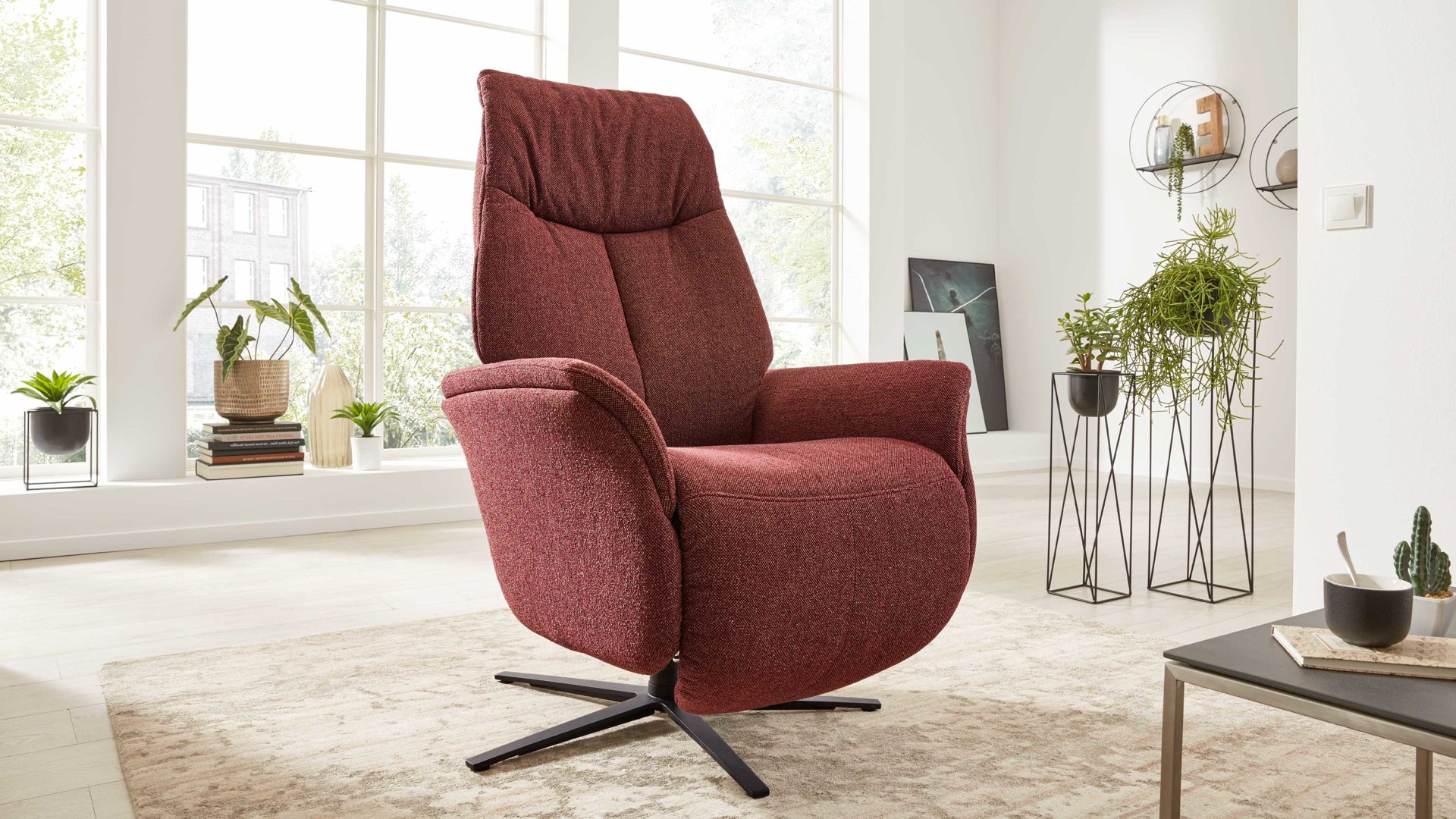 Relaxsessel Interliving aus Stoff in Rot Interliving Sessel Serie 4550 - Sessel manuelle Funktionen - chiantifarbener Melangestoff Q2 & anthrazitfarbener Sternfuß