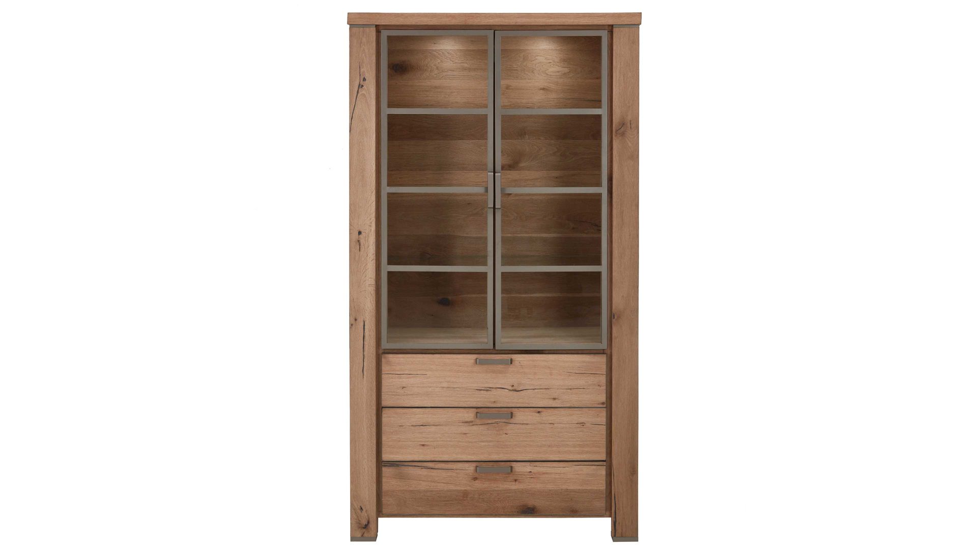 Vitrine Habufa® aus Holz in Holzfarben HABUFA® Vitrinenschrank Canova als Wohnzimmermöbel railwaybraunes Eichefurnier & Metall – zwei Türen, drei Schubladen