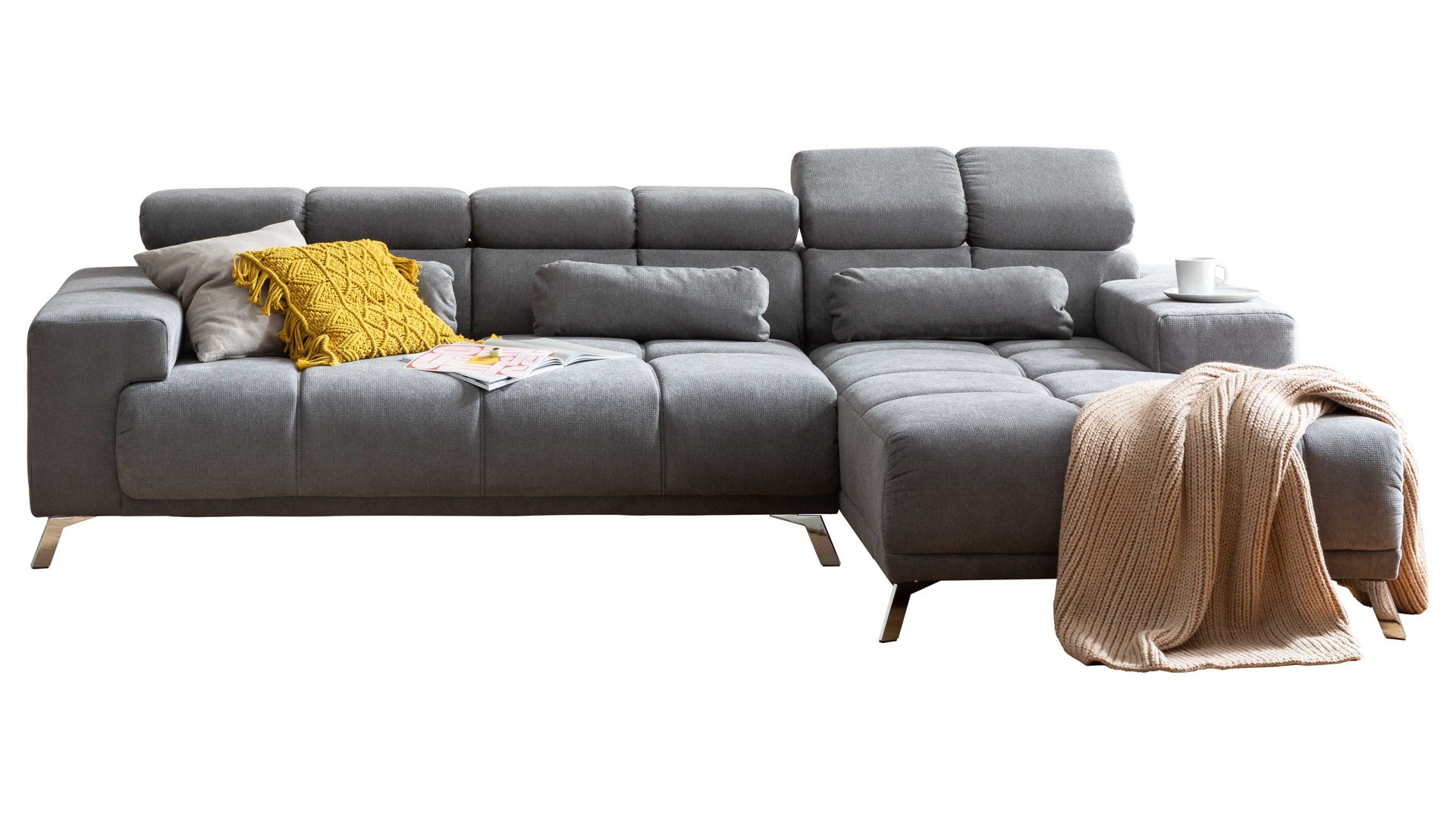 Ecksofa Iwaniccy aus Stoff in Grau Funktions-Ecksofa Speed rechts , Stellfläche ca. 285 x 201 cm - steingrauer Bezug Boston 05 & Chromfüße