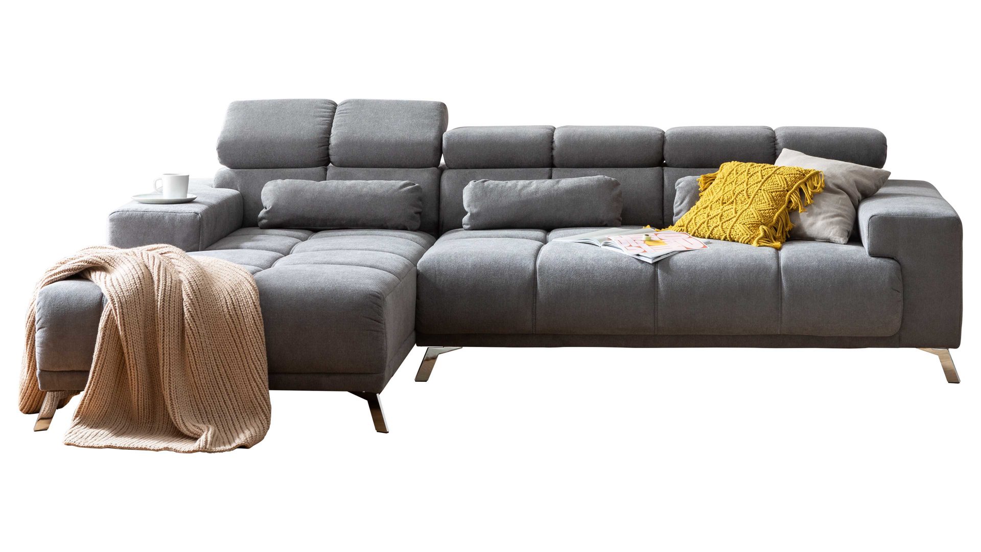 Ecksofa A. z. iwaniccy aus Stoff in Grau Funktions-Ecksofa Speed links, Stellfläche ca. 201 x 285 cm - steingrauer Bezug Boston 05 & Chromfüße