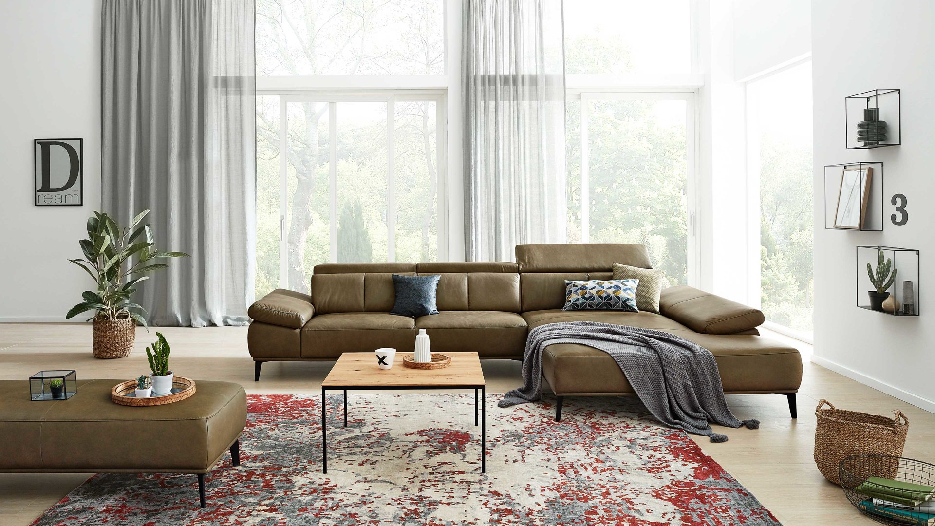 Ecksofa Interliving aus Leder in Dunkelgrün Interliving Sofa Serie 4002 - Ecksofa camouflagegrünes Leder Z69-36 – Stellfläche ca. 344 x 204 cm