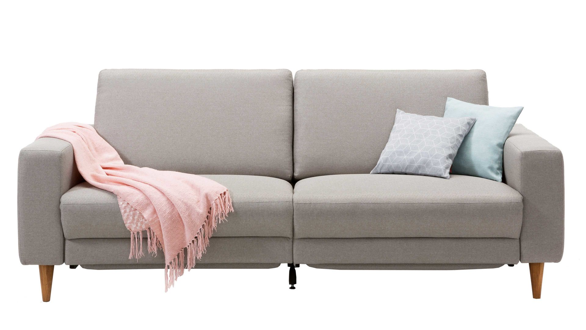 Zweisitzer Knudsen aus Stoff in Grau Zweisitzer-Sofa mit Funktion - Polstermöbel hellgrauer Bezug Idaho 2801 & geölte Eichenholzfüße – Breite ca. 218 cm
