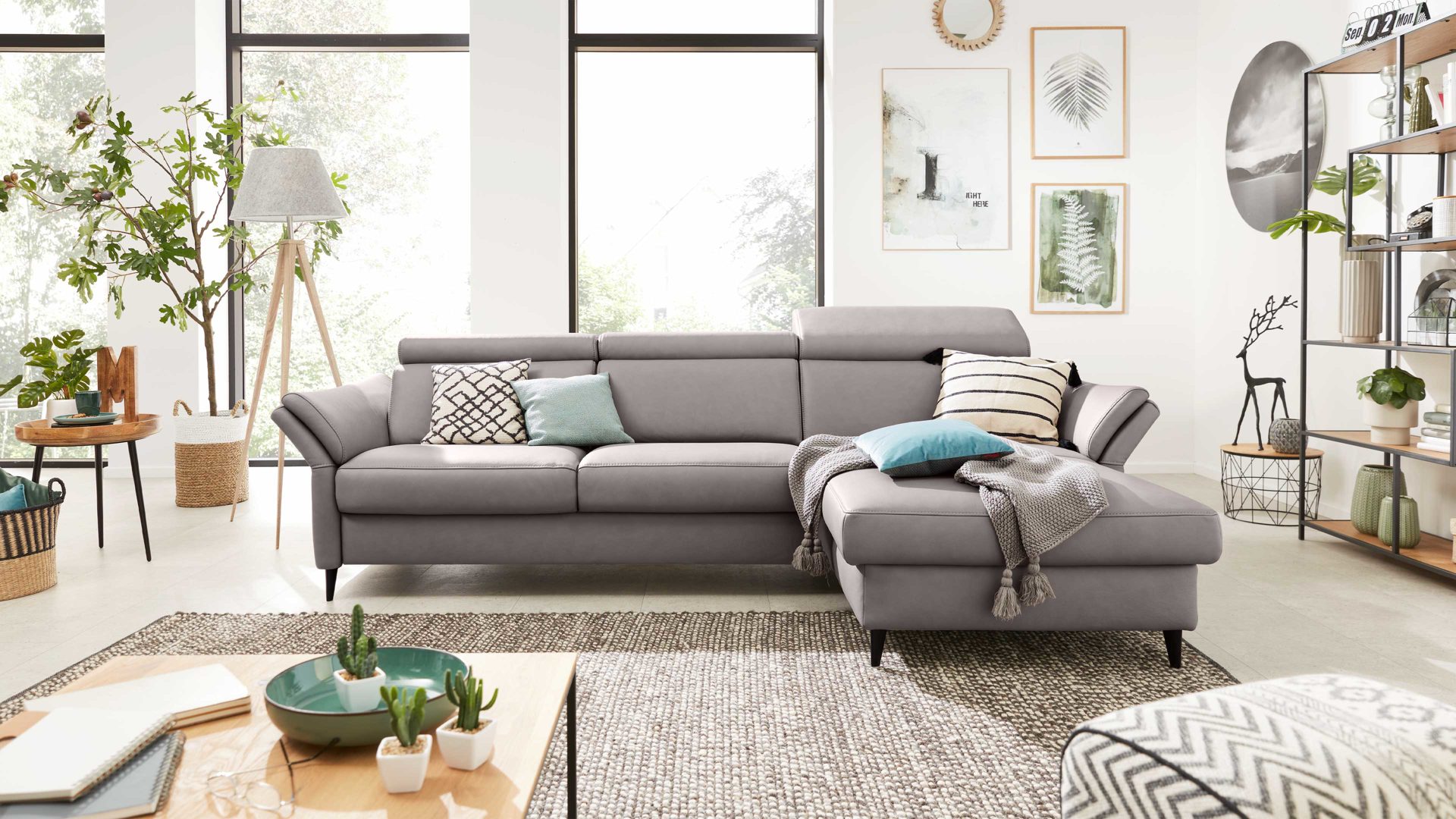 Ecksofa Interliving aus Leder in Grau Interliving Sofa Serie 4055 - Ecksofa granitfarbenes LongLife-Leder Credo - Stellfläche ca. 283 x 175 cm