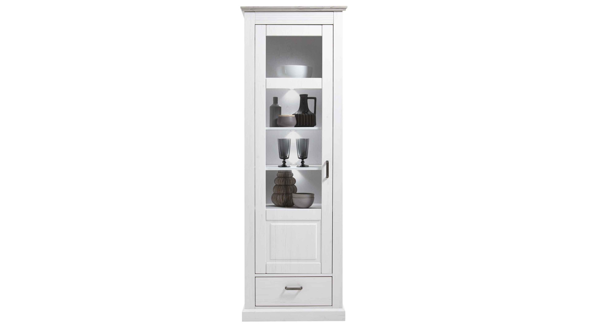 Vitrine Wohn-concept aus Holz in Weiß Vitrine als stilvoller Wohnzimmerschrank Pinie & Taupe – Höhe ca. 204 cm, eine Tür & eine Schublade