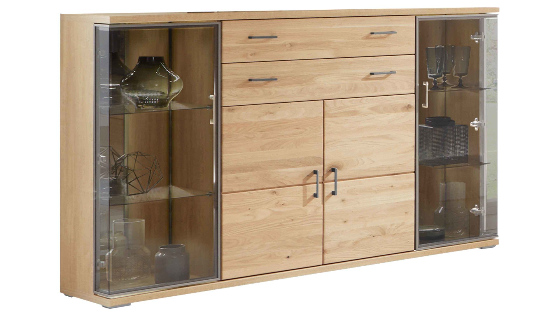 Sideboard Ideal möbel aus Holz in Holzfarben Sideboard Alteiche & braunes Parsolglas – vier Türen, zwei Schubladen