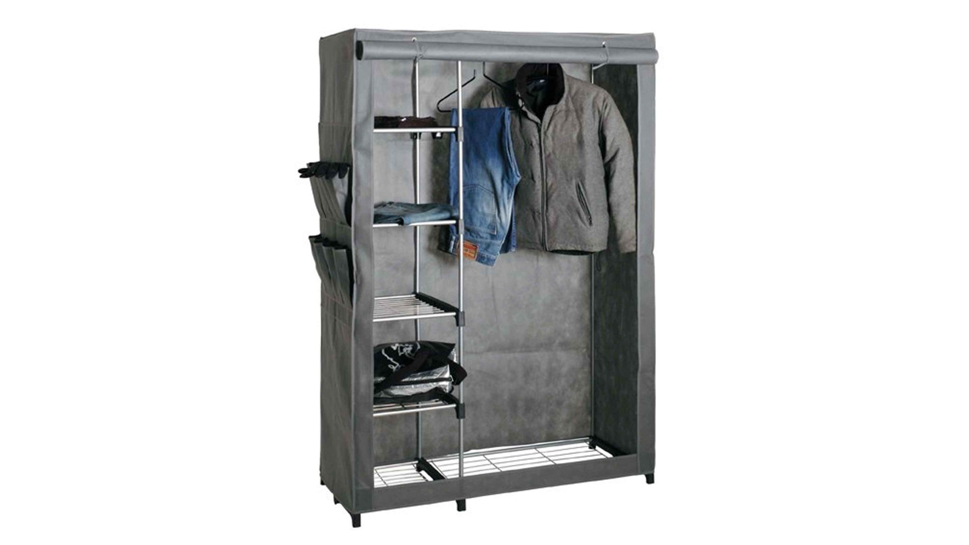 Standgarderobe Haku aus Stoff in Grau Standgarderobe als kompaktes Kleinmöbel graues Vlies & alufarbenes Stahlrohr
