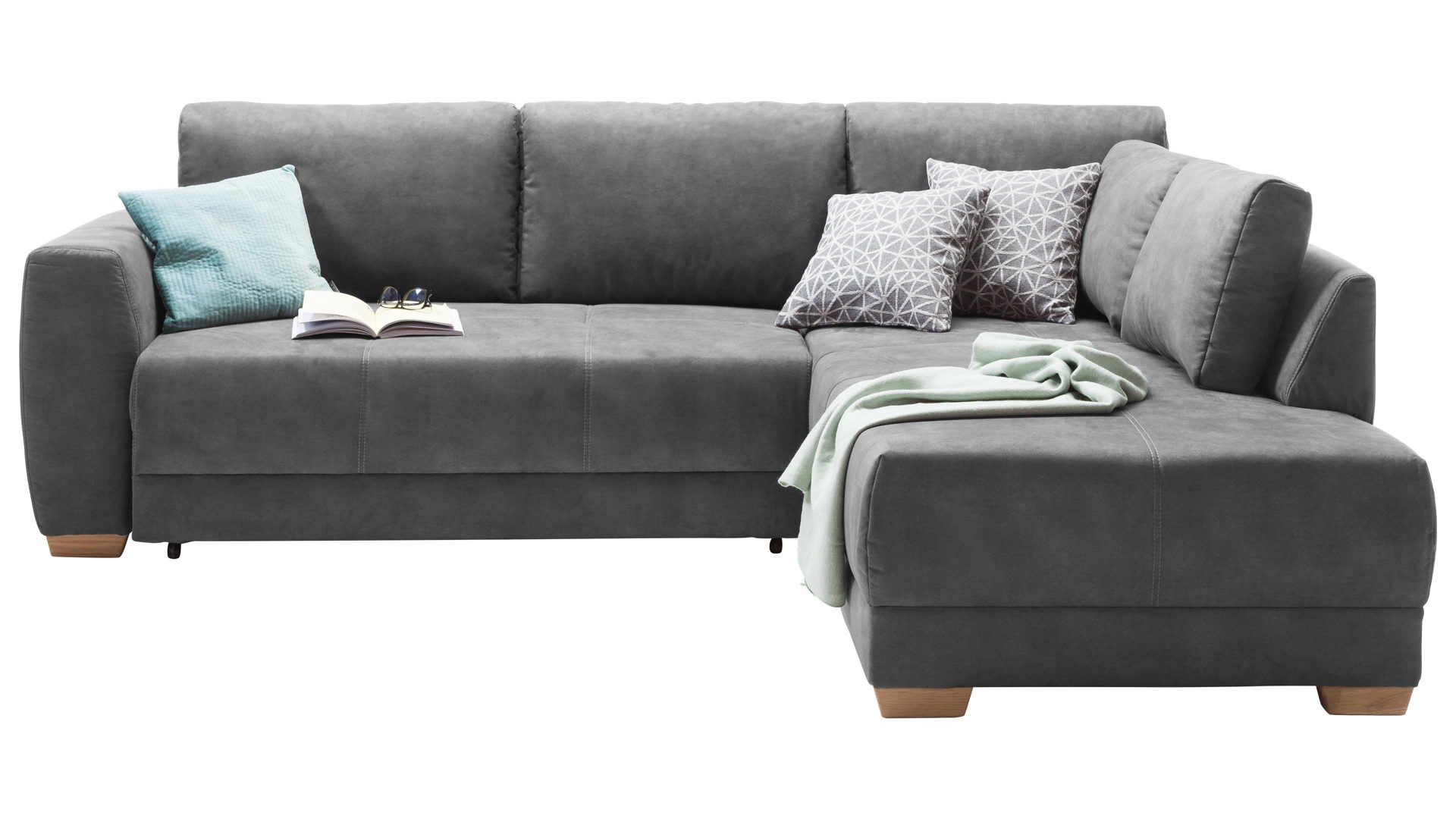 Ecksofa Job aus Stoff in Anthrazit Ecksofa Luzern anthrazitfarbene Mikrofaser 411.09 & Eichenholzfüße – Stellfläche ca. 254 x 208 cm