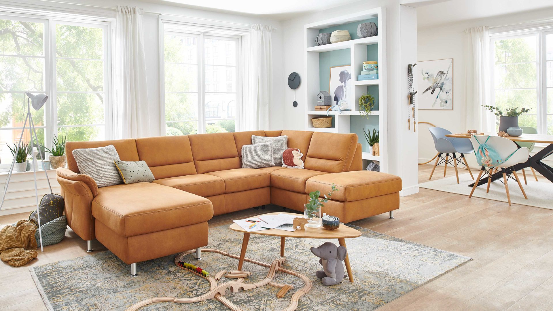 Ecksofa modulmaster aus Stoff in Orange Modulmaster MM-ZE1049 - Wohnlandschaft zimtfarbener Bezug Deluxe – Stellfläche ca. 316 x 203 cm