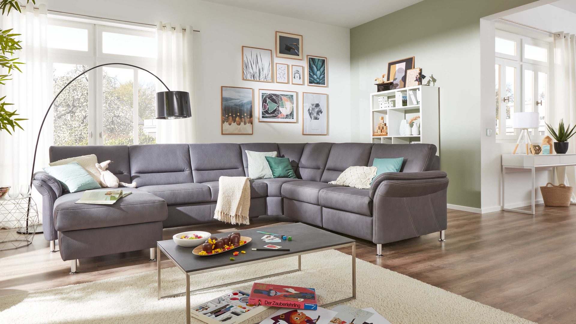 Ecksofa modulmaster aus Stoff in Grau Modulmaster MM-ZE1049 - Wohnlandschaft graue Mikrofaser Mammut & Metallfüße – Stellfläche ca. 304 x 236 cm